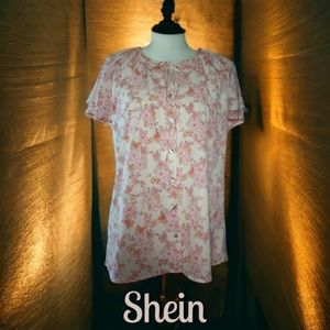 Shein Retro 80's Flutter Sleeve Button Down Blouse w\ Notched Jewel Neckline